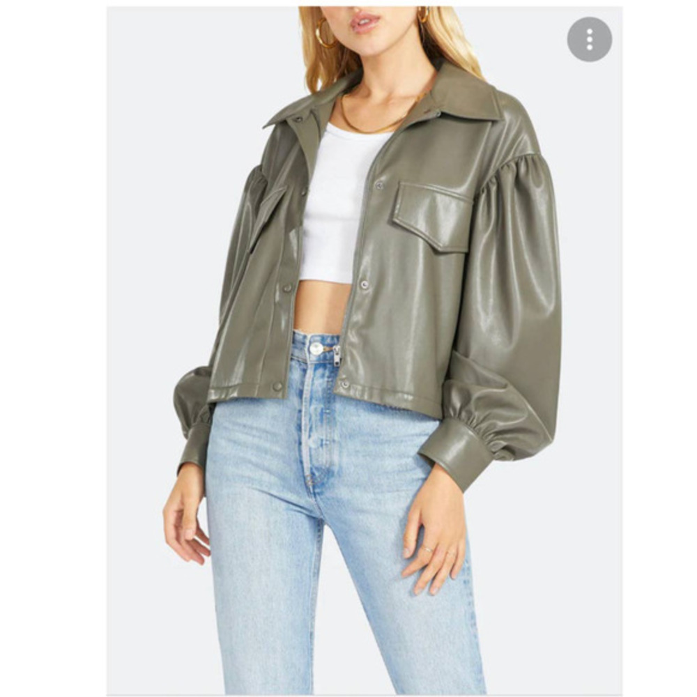 BB DAKOTA Women's Love on Crop Shirt Jacket in Olive Green Vegan Leather (L)